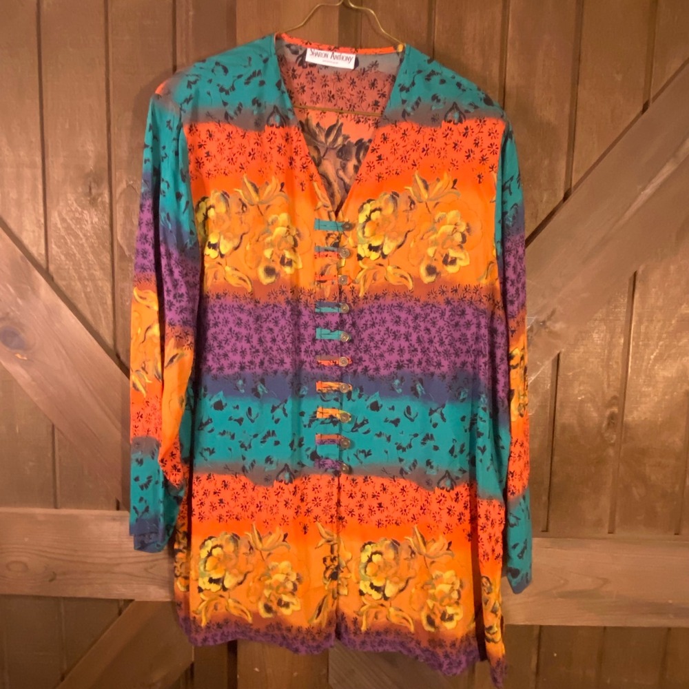 Sharon Anthony Blouse Women Plus Multicolor Floral Stripe Y2K Vintage Boho Top